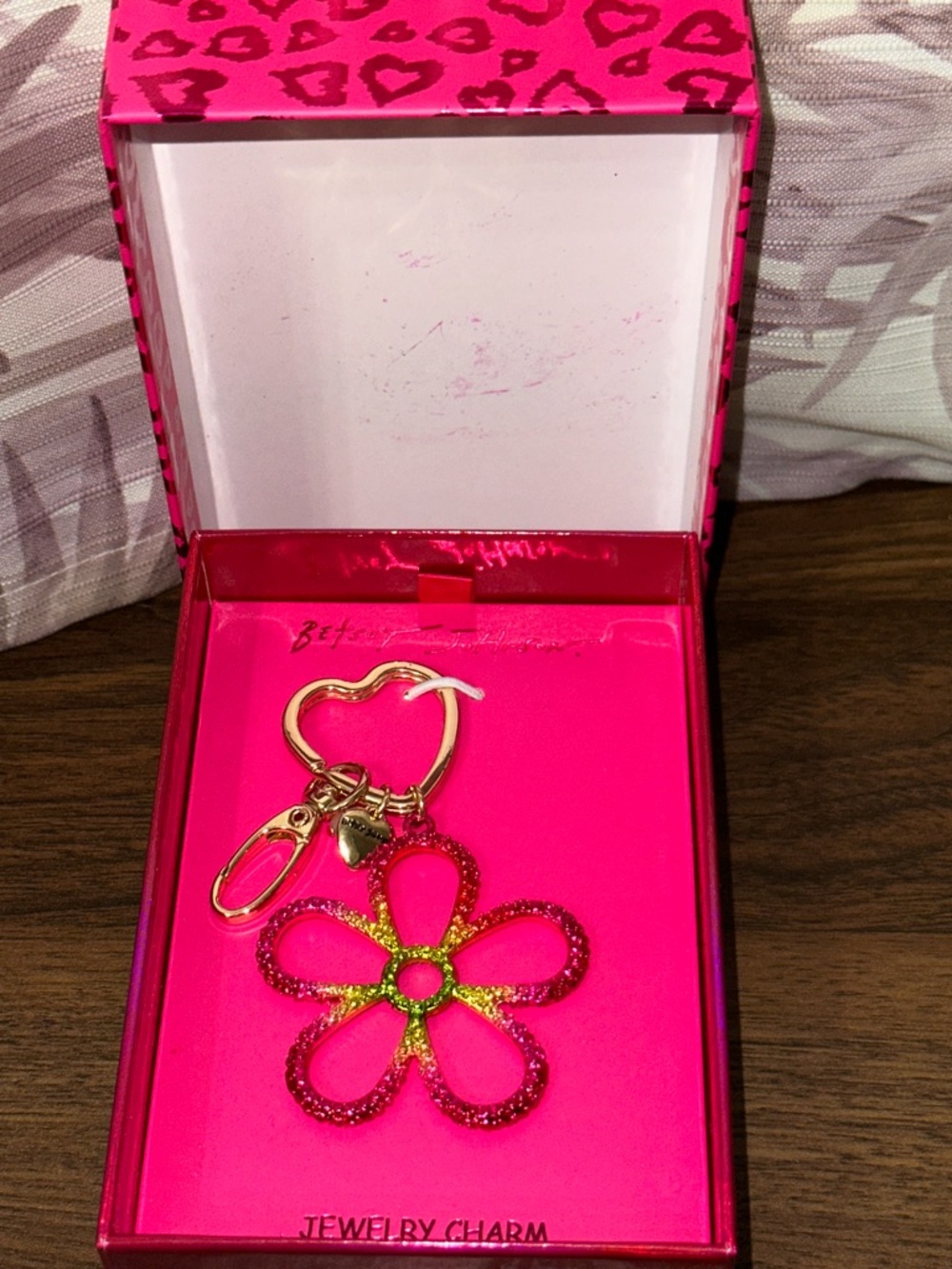 Betsey Johnson Pink and Gold Glitter Flower Keychain Charm